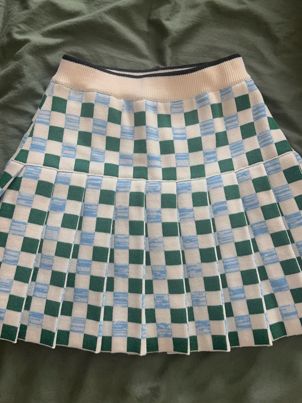 Miu Miu Green and Light Blue Checker Pleated Skirt